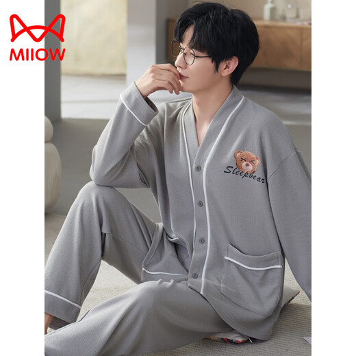 
Catman (MiiOW) pajamas for men in spring and autumn new pure cotton long-sleeved large-size autumn and winter style can be worn on the outside sports cardigan home clothing set LS1343 cardigan set Men 3XL [recommended 160-180Jin [Jin equals 0.5 kg]]