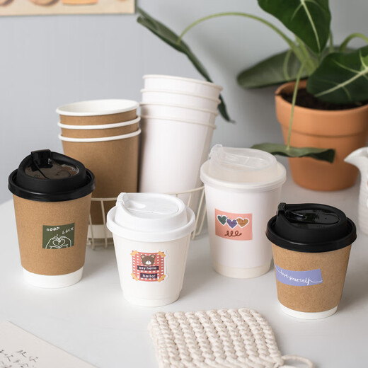 Lishi disposable milk tea cup coffee cup disposable thickened kraft paper cup milk tea soy milk hollow double layer hot and cold 400ml cowhide double layer cup + black lid + sticker 100 pieces