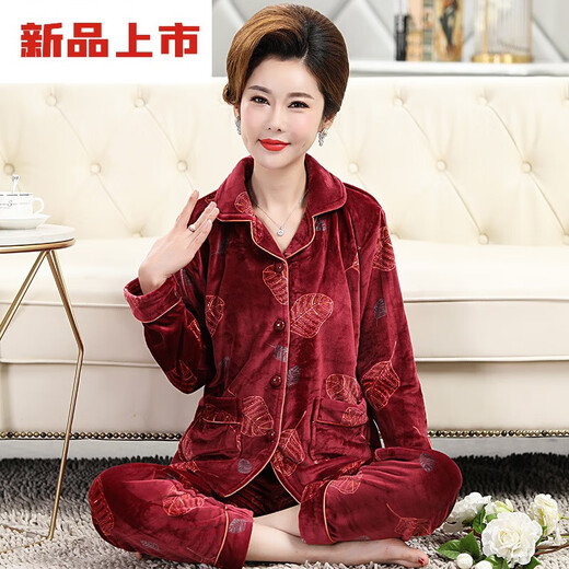 莫代尔中老年人妈妈珊瑚绒睡衣女秋冬季加厚保暖大码海岛绒法兰绒家居服 Y9227 M