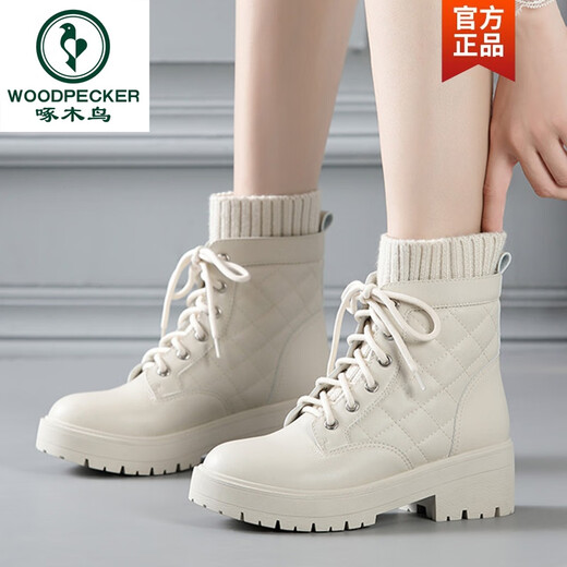 Holzspecker 2025 Herbst und Winter neues Leder im Off-Weiß-Martin-Stiefel für Frauen plus samt dicker Sohle dicker Absatz Vielseitig nicht rutschkurzer Stiefel Beige weißer Samt 36