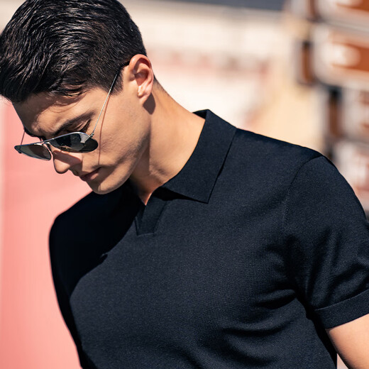 Mr. Bu men's knitted short-sleeved T-shirt lapel breathable quick-drying business casual piano black (plain) XL (180)