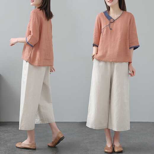 阙时翊太极服棉麻女夏装宽松大码中国民族风复古刺绣太极服两件套夏季 1369焦糖上衣+麻本裤子 L(110~125斤)