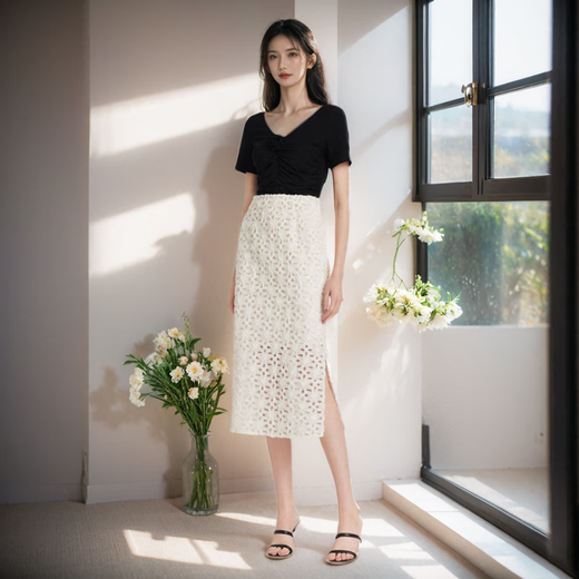 Gloria skirt women's new design French strap embroidered hip skirt 1C6R2B050 07W beige L