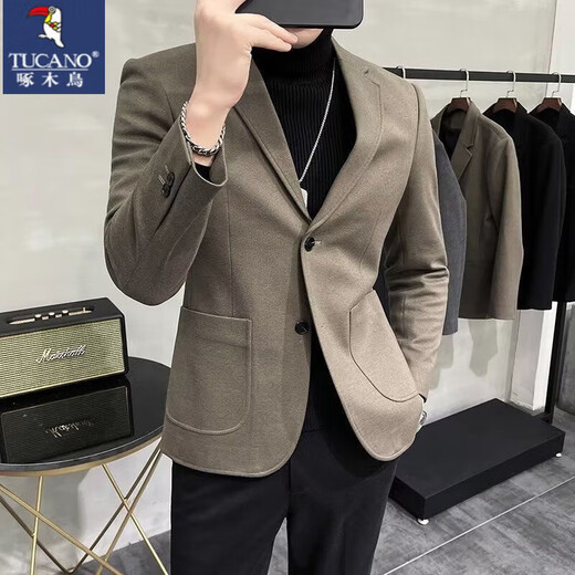 Woodpecker (TUCANO) autumn and winter thickened woolen small suit men's jacket slim fit casual Korean style handsome suit for men brown woolen + black sweater + velvet trousers set L