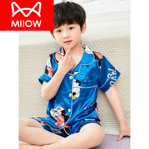 猫人（MiiOW）儿童冰感男童薄夏季短袖男孩真丝睡衣女绸夏天宝宝空调家居服套 X印花短丝677 小新 M 8码身高100 110c