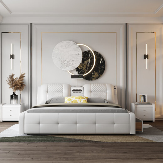 Fansati leather bed double bed modern minimalist master bedroom furniture smart massage storage high box wedding bed with projector bed luxury flagship single bed (with projector) 1800*2000 frame structure