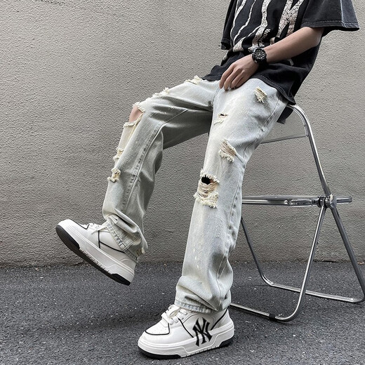 
Katuchi ripped jeans men's summer thin style American high street slim Korean version ins straight casual pants light blue XL [Suggested 125-140Jin [Jin equals 0.5 kg]]