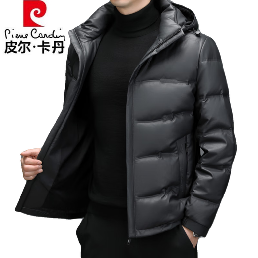 Pierre Cardin NEU National Standard Down Jacke Herren Schaffell Ständer Kragen Lederjacke Dad Winter im mittleren Alter warm und dünner Mantel Schwarz 6627 Modelle 185/2xl