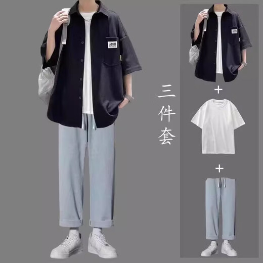 安初夏华夫格短袖t恤男士休闲套装夏季港风痞帅气衣服男装穿搭配三件套 米白外衣+棉白短T+黑灰裤 XL