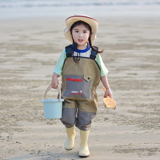 Zhe Wei's sea equipment, children's water play clothes, wading waterproof pants, kindergarten beach fishing suspenders, one-piece rain boots, waders, nylon pocket water play clothes, 10XL, 10XL, size 160, inner length 16 cm