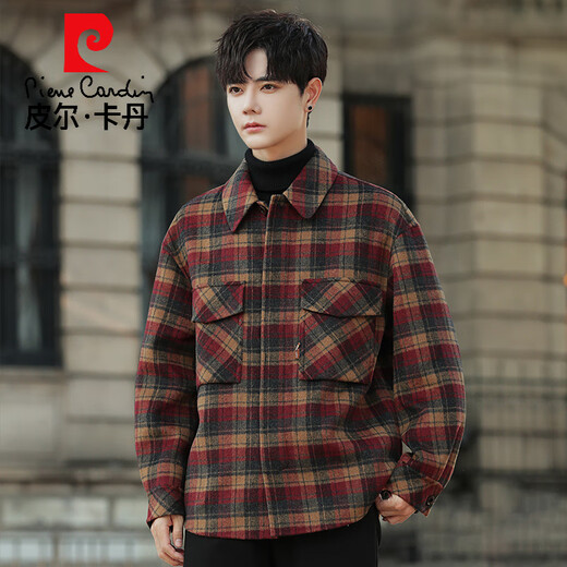 皮尔卡丹双面羊毛外套男士羊毛呢子大衣短款秋冬季格子加厚翻领夹克高端潮 红格子 M