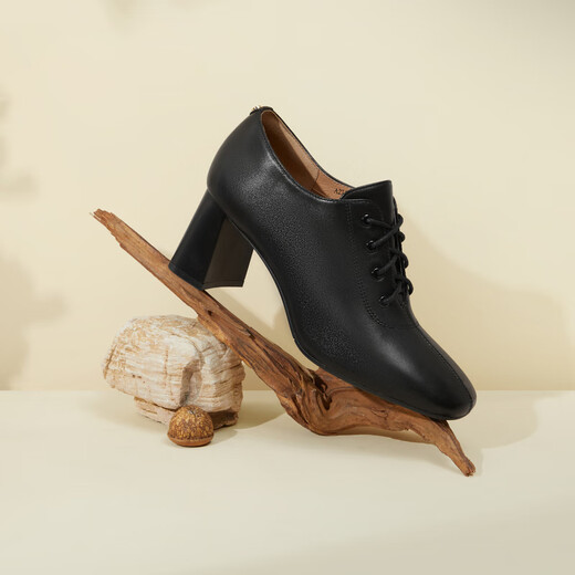 Qianbaidu Sheepskin Small Ankle Boots Autumn New Fashion Shoes Women's Short Boots Commuting Genuine Leather High Heels Thick Heels Black 37