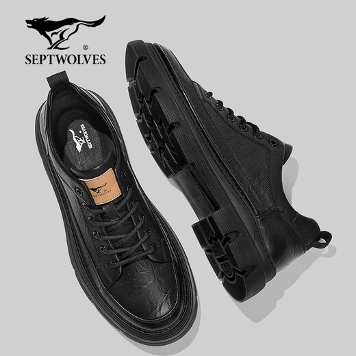 Septwolves men's shoes winter 2025 new business casual shoes men's thick-soled wear-resistant work shoes retro trendy casual leather shoes for men black 40