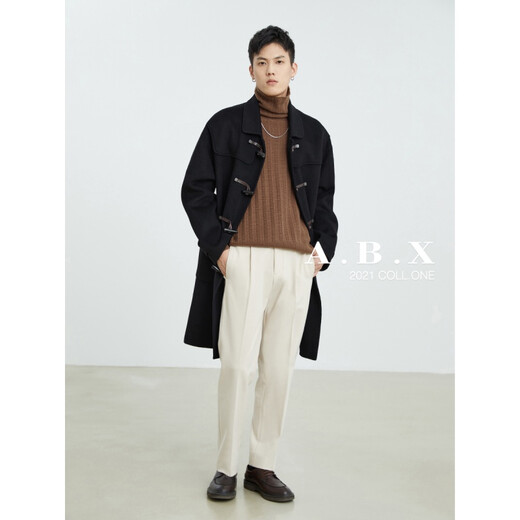 
a.b.x2023 winter new style college style real horn button double-sided wool full wool coat men's mid-length thickened jacket black M/170