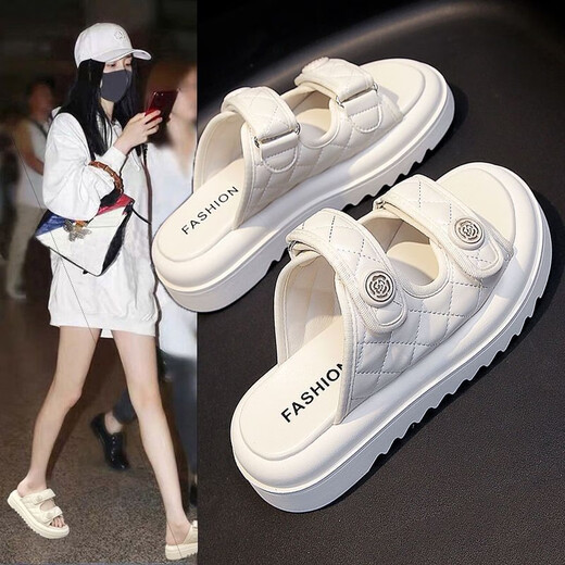 Guqian Sandals for Women 2025 Summer Wear Spea de playa de suela gruesa de alta gama para mujeres Velcro Sandalias de un botón para mujeres 6628 metros blancos 37 (235 mm)