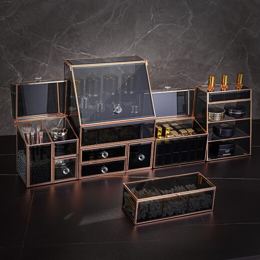 KAMAN Glass Cosmetics Storage Box Light Luxury Dustproof Desktop Dressing Table Skin Care Product Storage Rack 520 Gift for Wife Gilt Set of Two Dustproof Top + Three Drawers