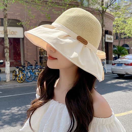 斐卡薇防晒帽女遮阳帽渔夫帽夏季户外休闲可折叠沙滩帽子大檐遮脸太阳帽 米白色渔夫帽54-59cm