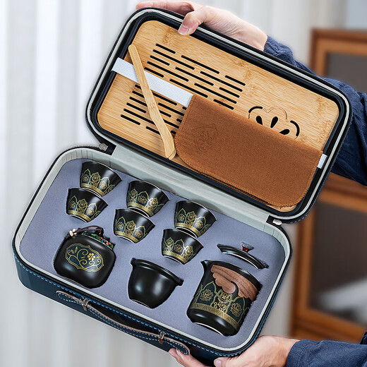 Zhengyang travel tea set portable outdoor ceramic quick cup one pot four cups office simple kung fu tea making Jilan Jinxiu (one pot six cups can long plate) + leather bag blue