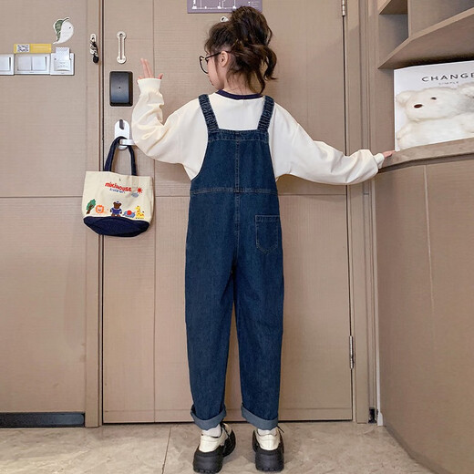 Chili Pepper Diary Girls Denim Overalls Spring and Autumn New Medium and Large Children's Style Loose Straight Temperament Versatile Casual Pants Overalls + Bottoming Shirt (Set) Size 150 Recommended height is about 135-145 cm