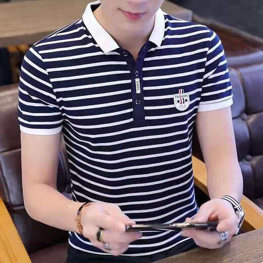 Simple direction striped short-sleeved T-shirt men with a neckline Korean version slim lapel Korean version top collar 5012 black 5002# white One size 2xl Recommended 135-150Jin [Jin equals 0.5 kg]
