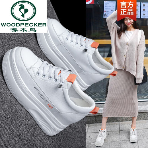 
Woodpecker women's shoes genuine leather inner height-enhancing women's shoes invisible and lightweight, small and versatile super hot white shoes 10 thick-soled sponge cake shoes all black 10CM [677 leather surface] 37