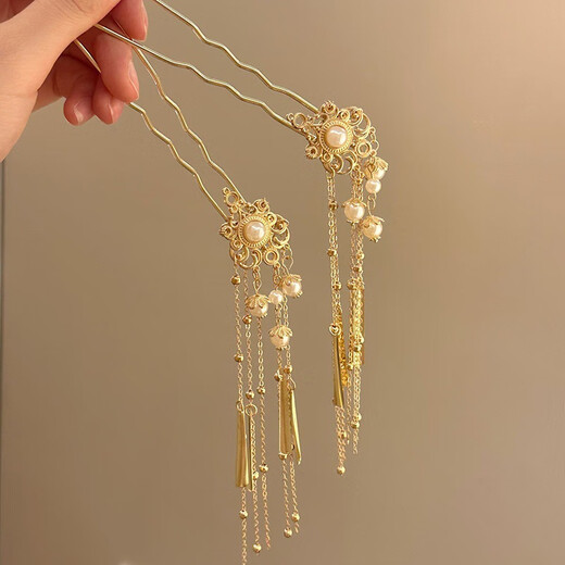 He Jiagong Nancheng Haori National Style New Chinese Style Pearl Golden Tassel Step Hairpin Hair Accessory Feminine U-shaped Hair Imitation Pearl Tassel Hairpin Single A10-202