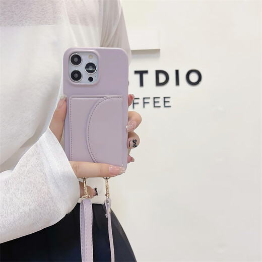 怡伽适用iPhone15手机壳卡包挂绳苹果13腕带插卡荔枝纹苹果14手机壳 双层零钱包黑色 iPhone15promax