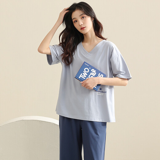美即莱 2022年新款睡衣女夏季纯棉短袖七分裤套装休闲可外穿全棉家居服 684 L（身高158-167体重100-125）