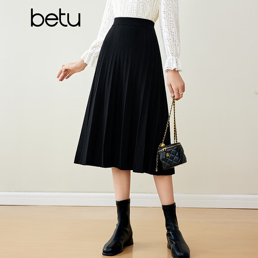 Betu women's autumn and winter new skirt French pleated high-waisted slim A-line knitted skirt for women 2310T76 black S (grey pre-sale shipped on 12/08)