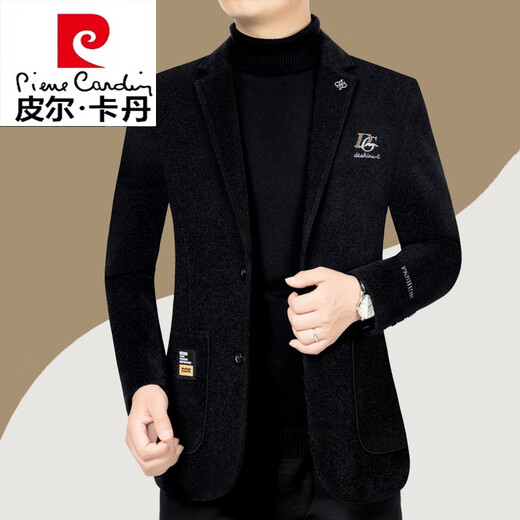 Pierre Cardin woolen coat men's casual suit autumn and winter new velvet thickened middle-aged business suit men's knitted black 2XL 185/100A 150-170Jin Jin equals 0.5 kg