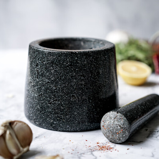 Natural stone mortar household garlic mortar manual garlic masher kitchen grinder food supplement Chinese medicine spice mortar granite mirror grinding stone mortar (new color) black brown ready stock