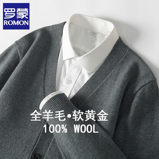 罗蒙（ROMON）秋冬新款100%羊毛开衫男V领纯色毛衣外套宽松休闲百搭针织衫上衣 天蓝色 L