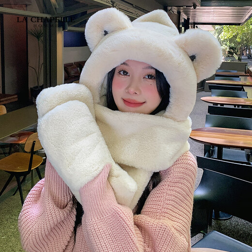 LA CHAPELLE HOMME parent-child children's hat, scarf and gloves three-piece set in one winter warm and cute scarf Khaki L