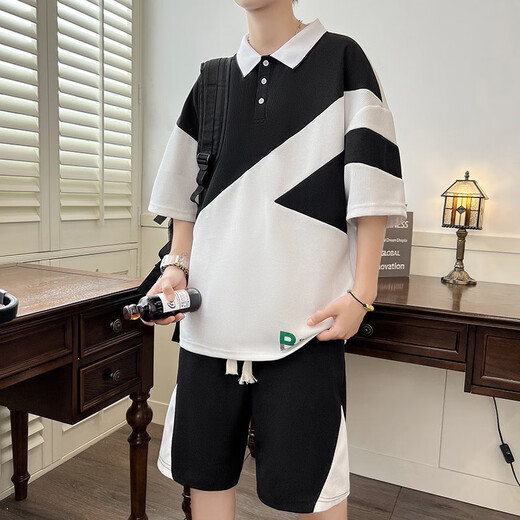 柏乐迪（BAILEDI）青少年中学生短袖t恤12-15岁男孩半袖POLO衫16大童夏装洋气套装潮 NZ-6629白色（短袖+短裤）高品质 185 4XL（建议165-185斤左右）