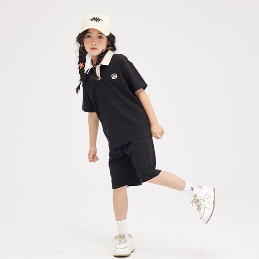 大嘴猴（paul frank）童装儿童套装2025夏季男女童休闲百搭简约中大童时尚套头两件套 黑色 140