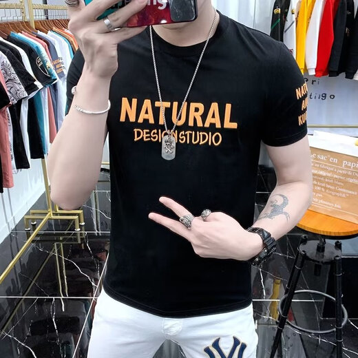 FHHUABD national trend cotton summer short-sleeved T-shirt men's printed and embroidered Korean style slim and simple men's T-shirt ins fashion blue white t1484 L suggest 115-130Jin [Jin equals 0.5 kg]