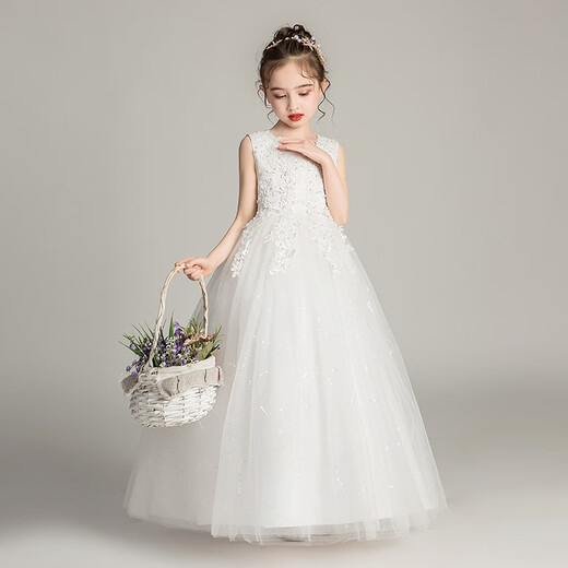 Dev Ake Kinderkleid Girl Prinzessin Rock Moderatorin High-End Piano Performance Evening Kleid Little Girl Hochzeit Sommer Big Boy BX683 Langhändler weiße 160 (Empfohlen 71-85 Jin [Jin gleich 0,5 kg])