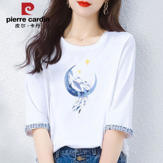 
Pier Cardin 2025 new spring and autumn pure cotton 700-quarter sleeve T-shirt for women's mid-sleeved loose design youth short-sleeved summer top W6172 ice blue mid-sleeved L (recommended 105-120 Jin [Jin equals 0.5 kg])