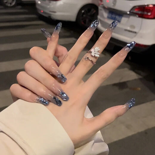 我的七天手工穿戴甲批发短款冰透星星钻链美甲贴甲片成品显白闪粉指甲贴片 by1047#晶莹紫蝶 1片 胶水款