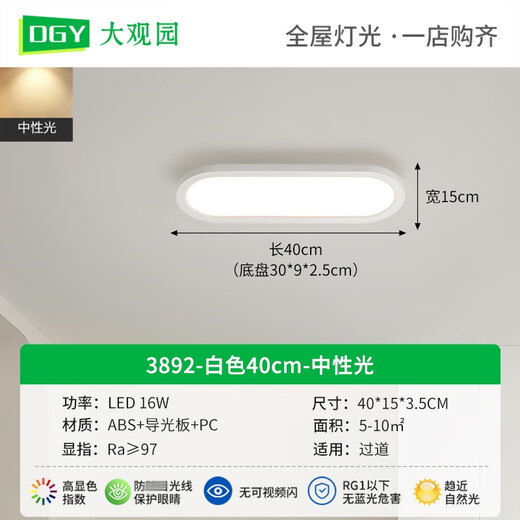 大观园（DGY）过道灯走廊灯led吸顶灯现代简约北欧长条客厅灯书房阳台灯具O263 32W3892-白色80cm-中性光-全光谱