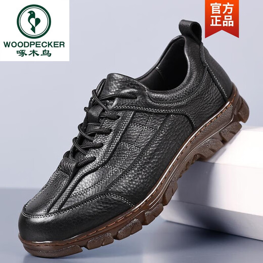 Woodpecker head layer cowhide leather shoes for men in autumn and winter men's business casual shoes genuine leather men's shoes brown tied beef tendon sole black four seasons 9905 standard leather shoes size 38