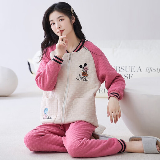 芊之雅（QIANZHIYA）睡衣女生秋冬季加厚纯棉夹层长袖家居服加棉空气棉保暖薄夹棉套装 MFT-15276# 女M/160