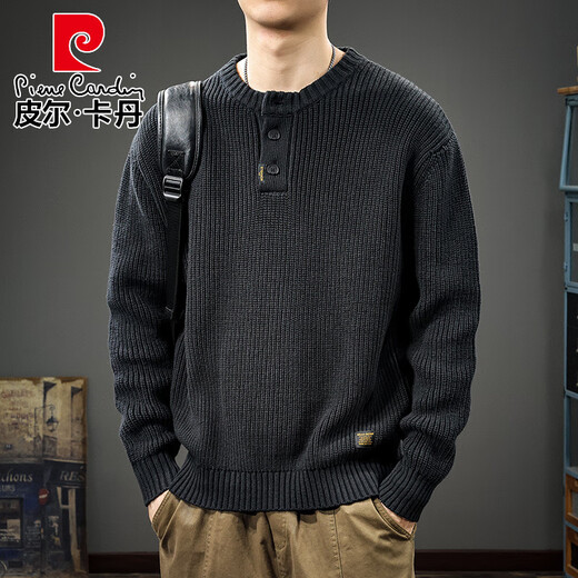 Pierre Cardin 2025 Autumn Sweater Men's American Retro Henley Collar Versatile Heavyweight Casual Sweater Autumn and Winter Jacket Black S Suitable Weight 95-105Jin Jin is equal to 0.5 kg