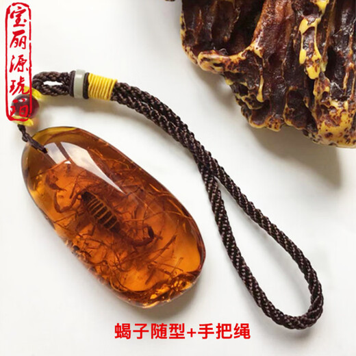 Bixiutang ethnic style insect amber pendant scorpion fossil beeswax necklace men and women butterfly water drop long sweater chain pendant scorpion single-sided polishing + handle rope