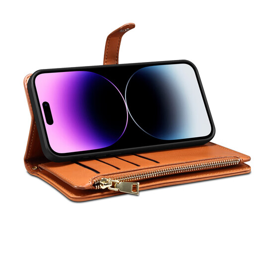 Jinhao es adecuado para iPhone16 PRO MAX HAND PANPANY Apple 15 Crossbody Willet 14 Caja de teléfono móvil con cremallera 13 Flip Hebilla magnética 12 Tarjeta Cubierta completa Case de protección anti-caza Flip Tarjeta de cremallera marrón (brazalete + correa para el hombro) Apple 15 MAX MAX