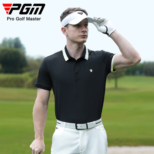 PGM Golf Clothing Manga corta para hombres Camiseta de verano Polos estiramiento Polo de color Bundillo Collar de costura para hombres YF684-Black [Top] XL