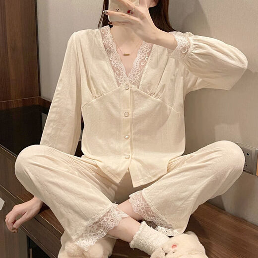 婉曼朵开衫睡衣女士棉秋秋款s风性感蕾丝长袖V领网红 短秀2 3882#粉色提花 M  建议80-105斤以内