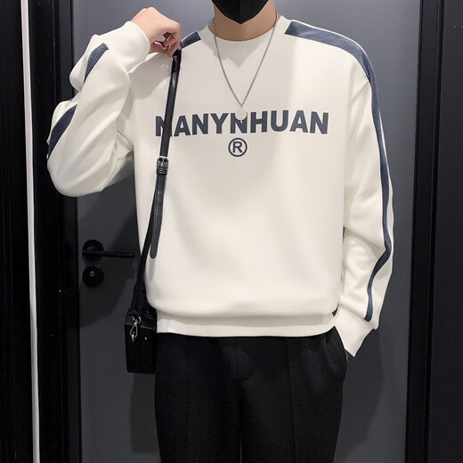 Woodpecker sweatshirt men's 2025 spring and autumn new versatile trendy printed long-sleeved T-shirt men's slim loose bottoming shirt men's white plus velvet XL 120-145Jin Jin equals 0.5 kg