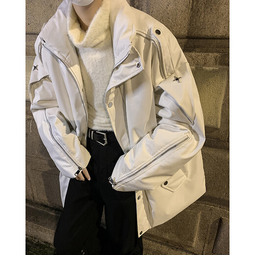 Zhiwei white PU leather cotton jacket men's winter American high street zipper design jacket oversize niche stand collar cotton jacket white 3XL recommended 140-196Jin Jin equals 0.5 kg
