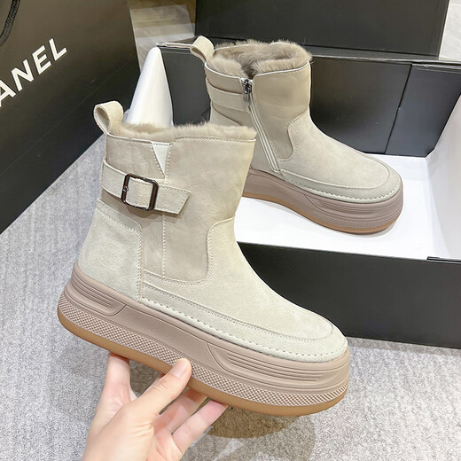 百丽踏品牌系列断码雪地靴女款2024冬新款加绒东北棉鞋防滑厚底增高短靴 咖啡色 38